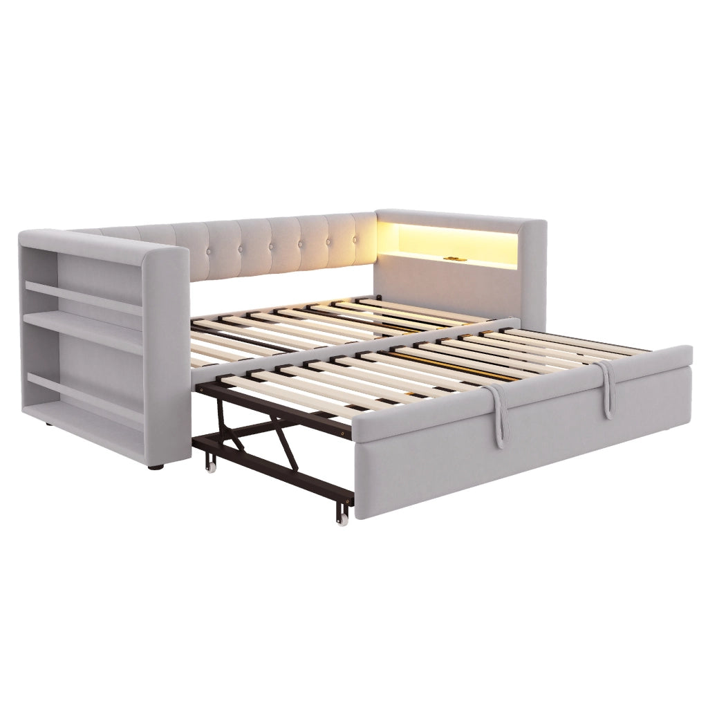 Letto multifunzione imbottito con LED, prese e spazio contenitivo