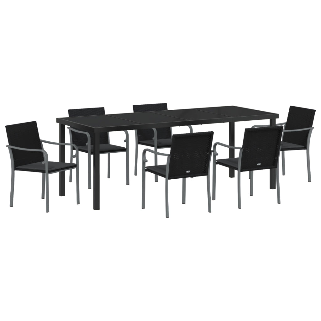 Set da pranzo per il giardino in 7 pezzi con cuscini in polyrattan neri