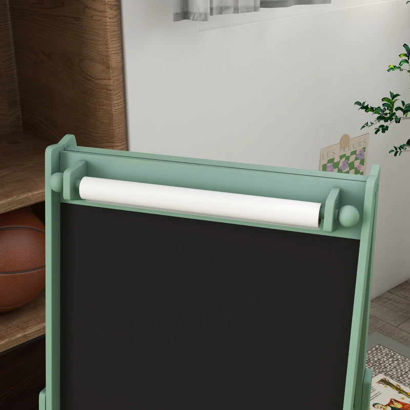 Lavagna multifunzione 3 in 1 per bambini con rotolo carta e cesti portaoggetti, 54 x 46,5 x 93 cm, verde