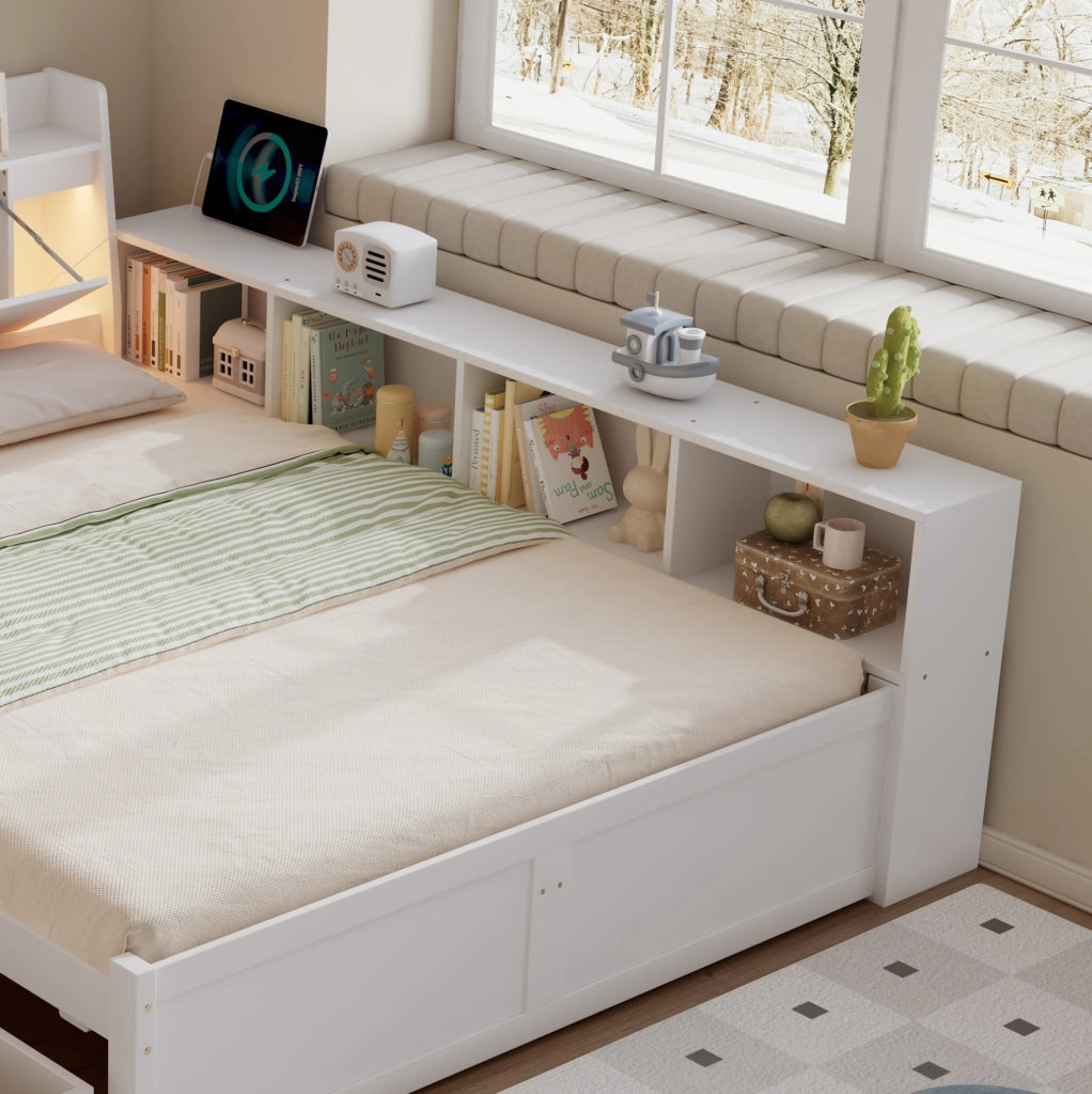 Letto matrimoniale 140x200 cm bianco con contenitore, luci e presa di ricarica