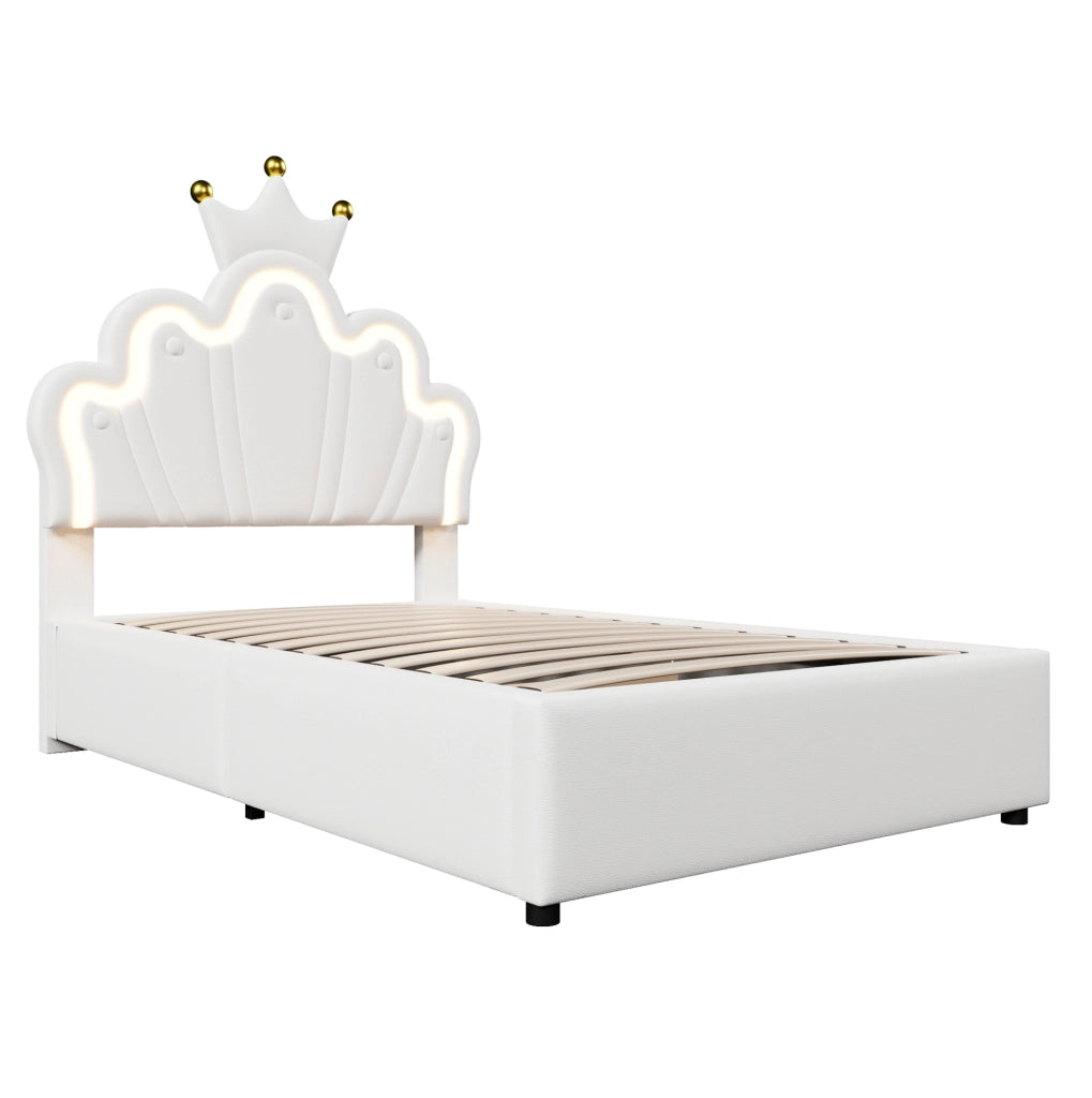 Letto imbottito 90x200 cm con contenitore; LED e testiera regolabile in PU