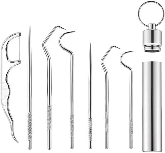 Set di Spazzolini da Denti 7 pezzi - Acciaio Inossidabile 304 - Kit di Pulizia Denti - Scatola per Spazzolini da Denti - Chiave a Sperone Portatile - Per Esterno/Camping - Pulitori da Denti