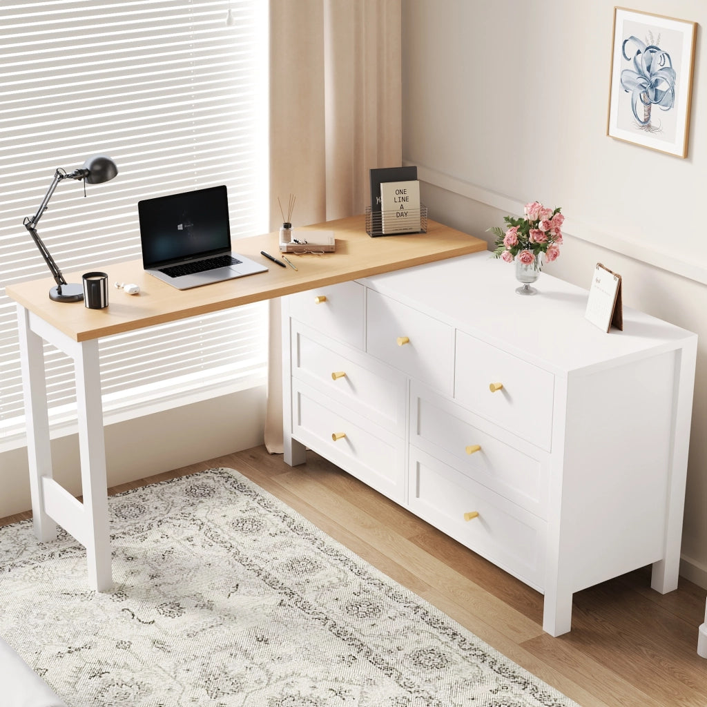Scrivania girevole 120x40x70 cm con 7 cassetti; piano 360° in truciolare bianco e naturale