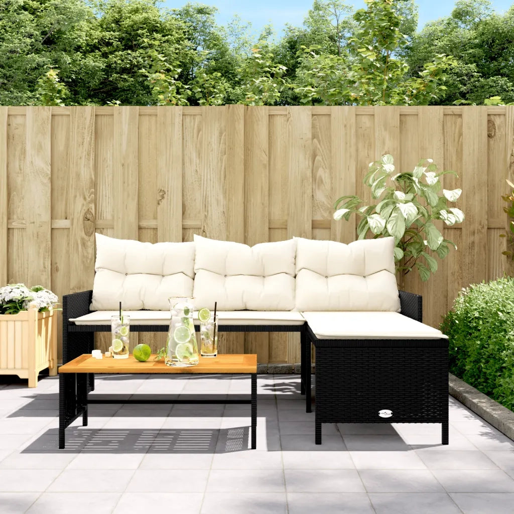 Divano da Giardino-Sofa da giardino con Tavolo e Cuscini a L Nero in Polyrattan