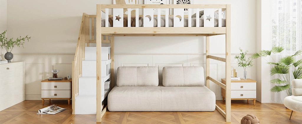 DESMIU Letto a castello per bambini 140 × 200 cm 2 posti con scala, ripiani e senza materasso, in legno massello, naturale e bianco
