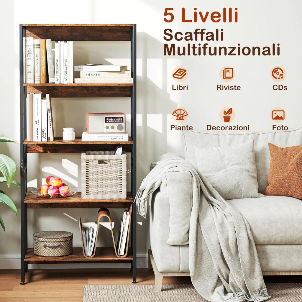 Libreria Aperta a 5 Ripiani Regolabili e Inclinabili, Scaffale Salvaspazio in Legno, Scaffale Portaoggetti Espositivo per Camera da Letto, Soggiorno e Cucina, 70 x 35 x 157 cm, Marrone Rustico