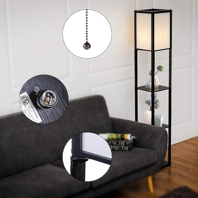 Lampada da Terra da Salotto Design e Moderno, Lampada da Terra con Lampada e 3 Mensole Paralume, Ideale per Soggiorno, Camera da Letto e Studio, Nero