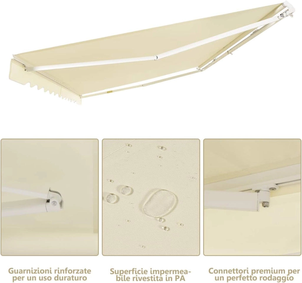 Tenda da Sole per Esterno Avvolgibile 4 x 2,5 m, Tenda da Sole a Bracci Estensibili con Telaio in Alluminio, Tettuccio Resistente al Sole e Impermeabile e Manovella (4 x 2,5 M, Beige)