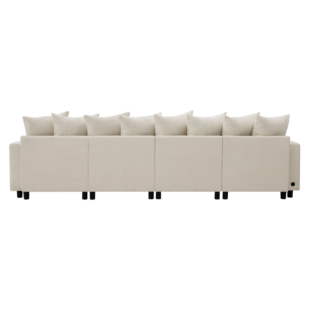 Sofa modulare angolare 6 posti in tessuto chenille beige con USB e Type-C; 283 cm