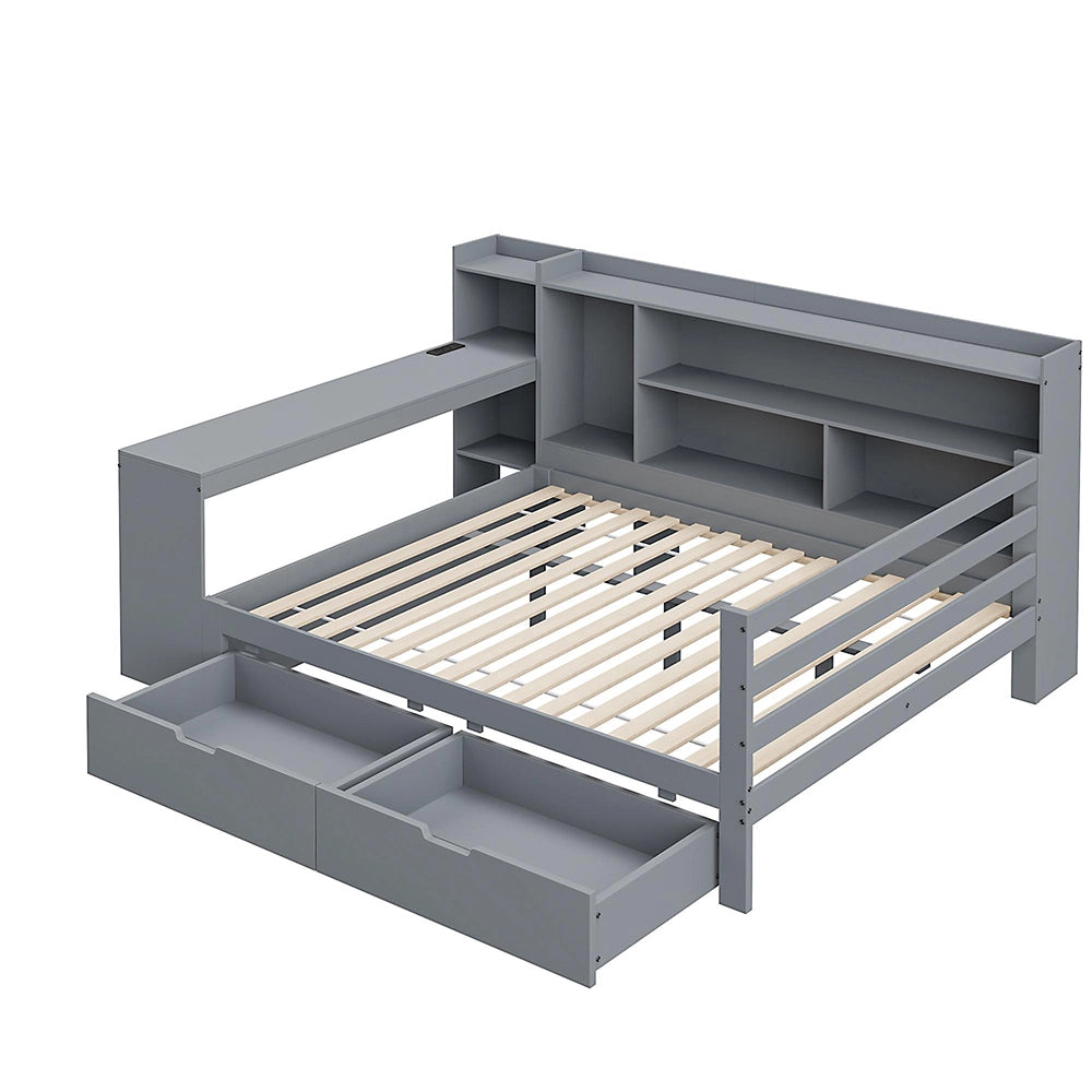 Divano letto-Xylo-140x200 cm-scrivania, 2 contenitori, prese, legno grigio
