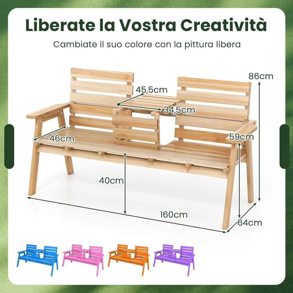 Panchina da Giardino in Legno, Panca Abete 2 o 3 Posti, 160 x 64 x 86 cm, Tavolino Convertibile in Seduta, Panca per Veranda, con Schienale, Braccioli, Portata 300 kg (Naturale)