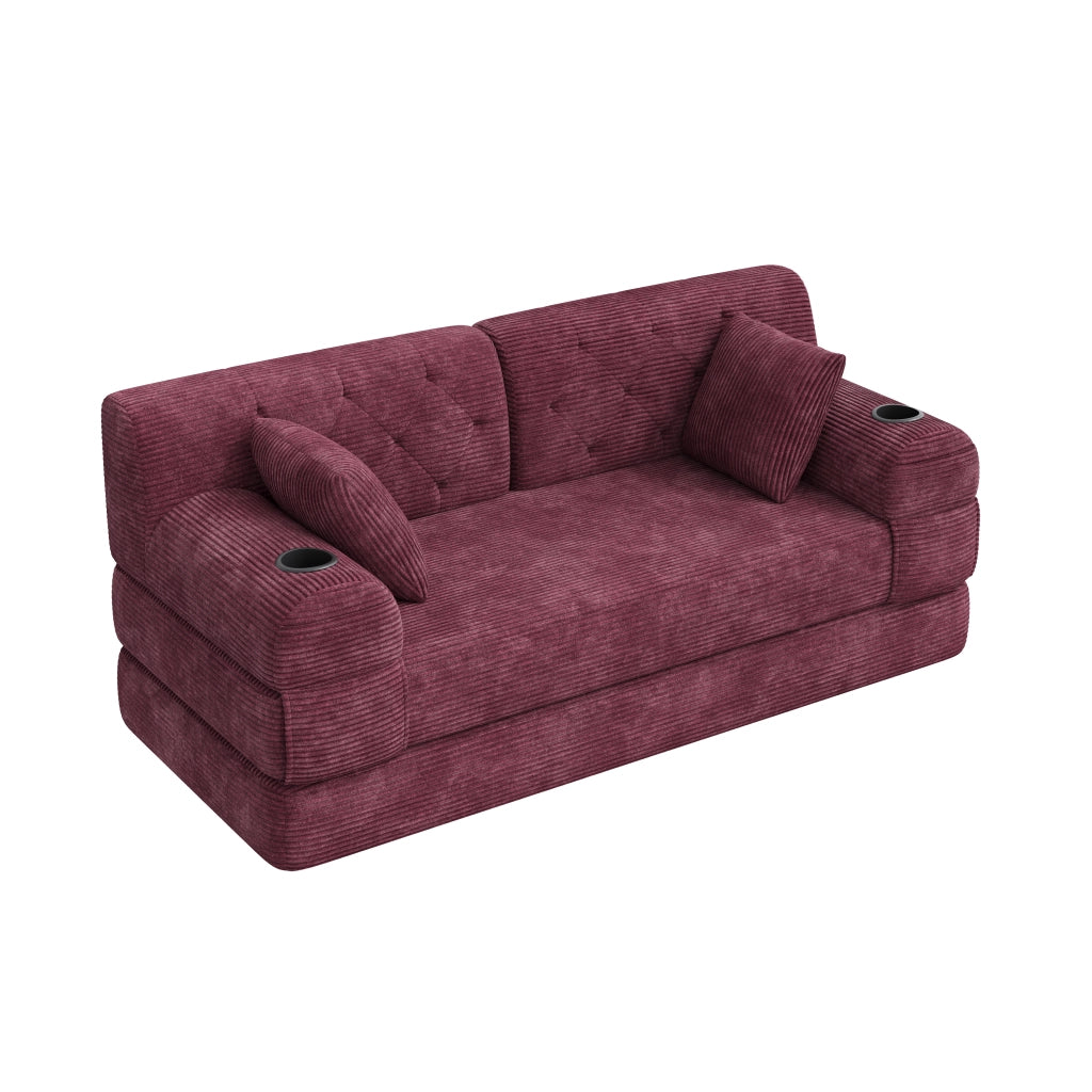 Divano letto compatto in corduroy con schienale alto, tasche laterali, portabicchieri e struttura in metallo