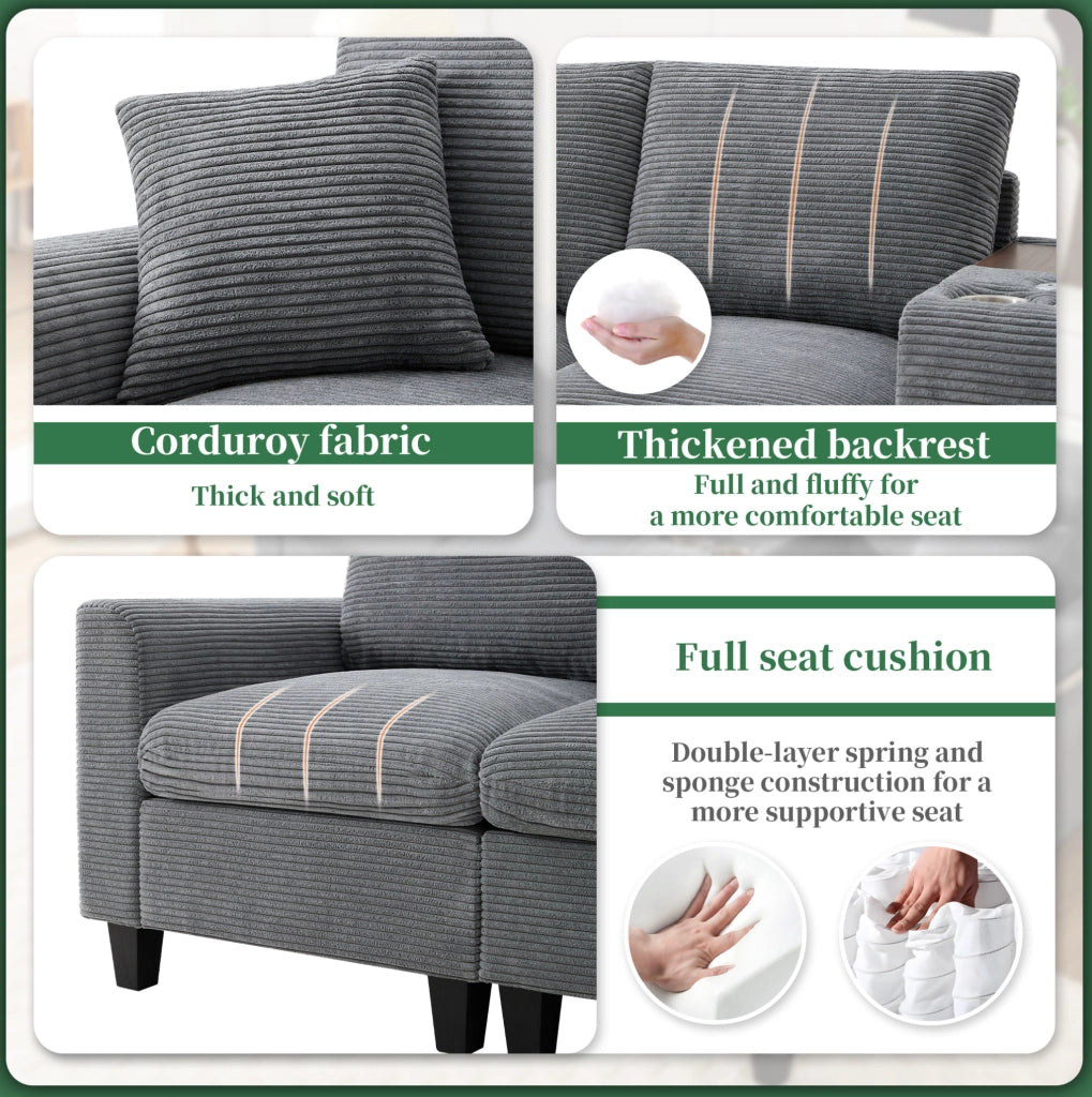 Divano angolare ULEVR 229x149,5 cm con pouf contenitore, console USB e 2 portabicchieri, velluto a coste grigio