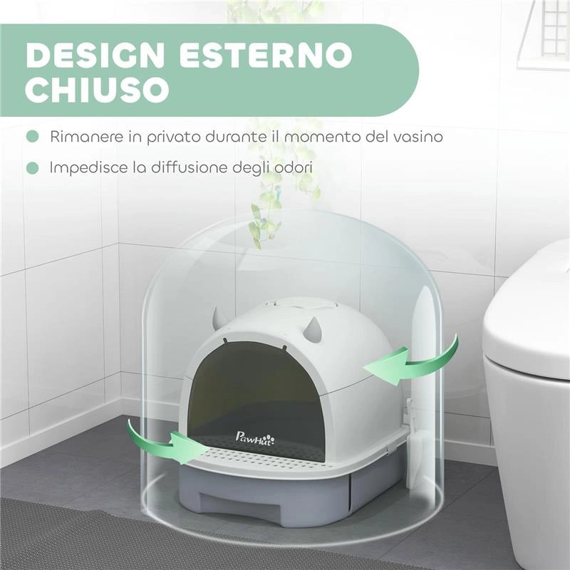 LETTIERA PER GATTI CHIUSA CON VASSOIO ESTRAIBILE, PALETTA E FILTRO AI CARBONI ATTIVI, GRIGIO