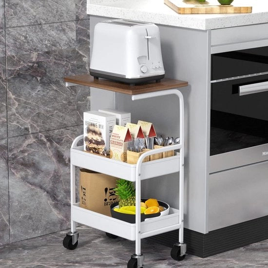 Trolley metallico e in legno con piano di lavoro, tavolo da disegno a 3 strati in metallo, cesta metallica e ruote chiuse per cucina, ufficio, camera da letto, soggiorno (bianco)