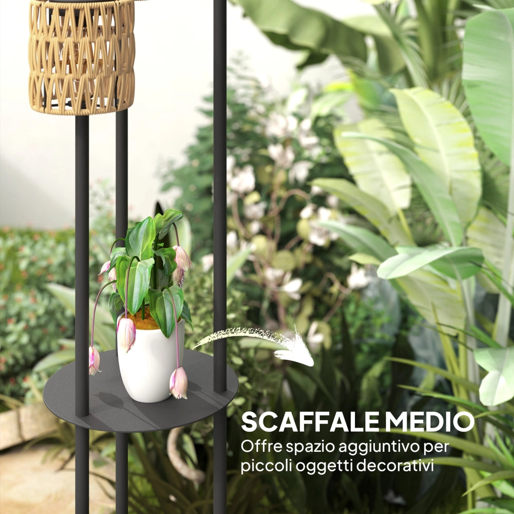 Lampada Solare da Esterno in stile Boho Ø37x144 cm con Ripiano Centrale in Rattan PE e Acciaio Nero e Giallo