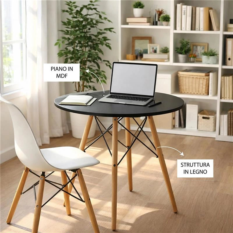 NAIROBI TAVOLO TONDO CON TOP NERO E GAMBE EFFETTO LEGNO 60 X 74 CM