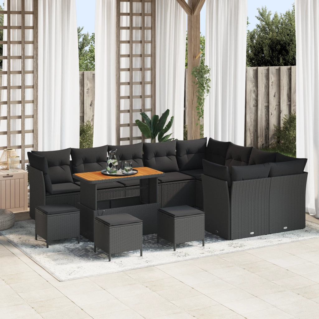 Set Divano da Giardino in 13 Pezzi con Cuscini Rattan Nero Polyrattan Acacia