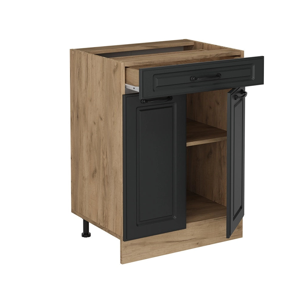 Mobiletto base per cucina R-Line Antracite rustico/Rovere dorato 60 cm con cassetto, PL Rovere Vicco