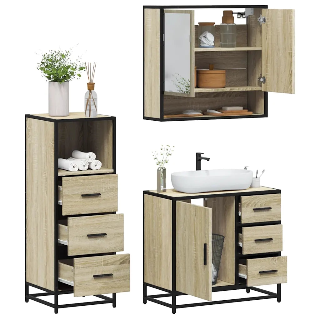 Set Mobili da Bagno 3 pz Rovere Sonoma in Legno Multistrato