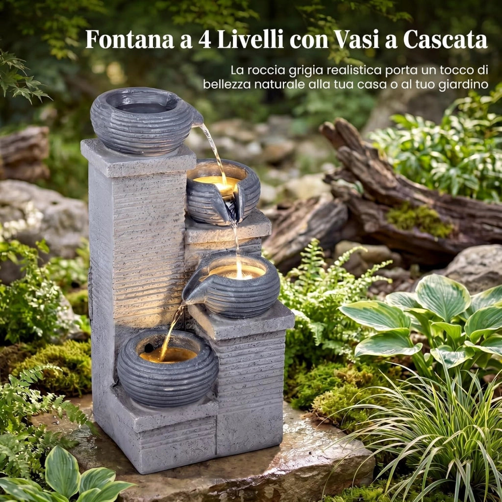 Fontana da Giardino a 4 Livelli, Fontana Cascata da Esterno in Resina con 3 Luci LED, Pompa Silenziosa e Velocità Regolabile, Fontanella Decorativa per Terrazze e Cortile, 28 x 22 x 58 cm