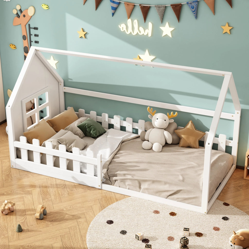 Letto a forma di casa bianco in pino con funzione contenitore 90x200 cm