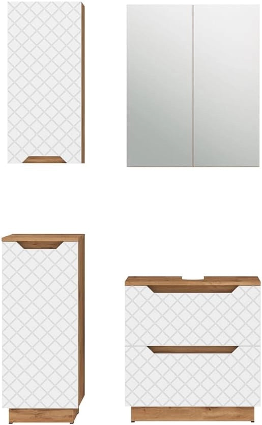 Set di mobili da bagno Lotta, Rovere/bianco con struttura in piastrelle, 4 parti