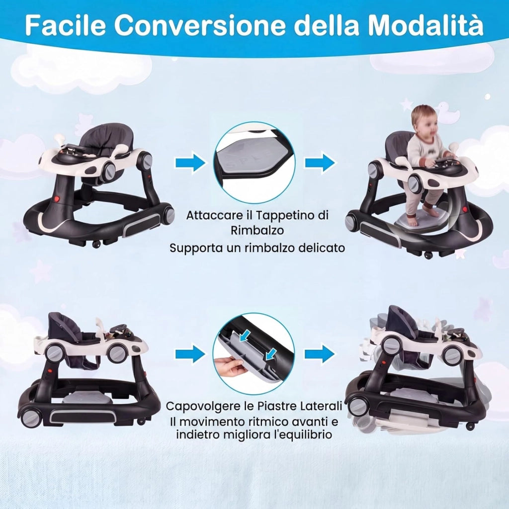 Girello per Bambini 6-in-1 Evolutivo, Centro Attività Pieghevole con Maniglia, Regolazione Altezza/Velocità, con Musica, Luci Tenda, per Neonati 6-18 Mesi (Nero+Bianco)