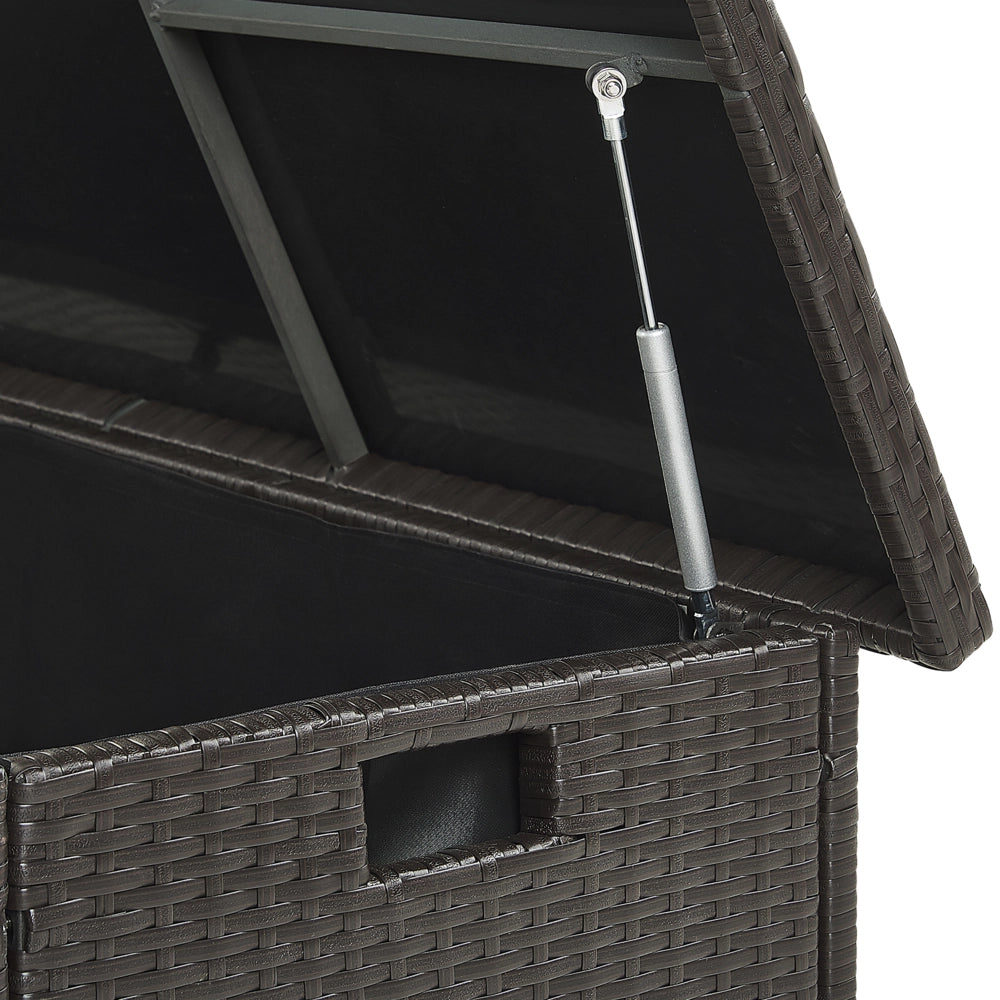 Cesta baule portaoggetti da esterno Marrone finto rattan Cuscino per esterni da giardino Cassapanca 126 x 46 cm