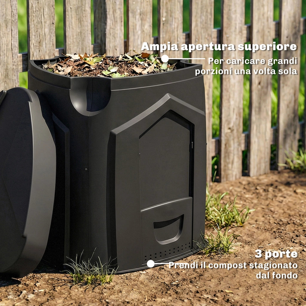 Compostiera da Giardino 78x75x78 cm Triangolare Girevole con 3 Porte in PP Nero
