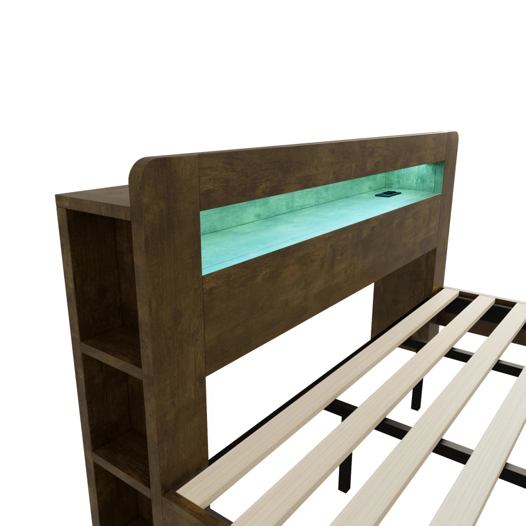 Letto con testiera matrimoniale 180×200 cm con ripiani; LED e prese; senza materasso; legno; vintage