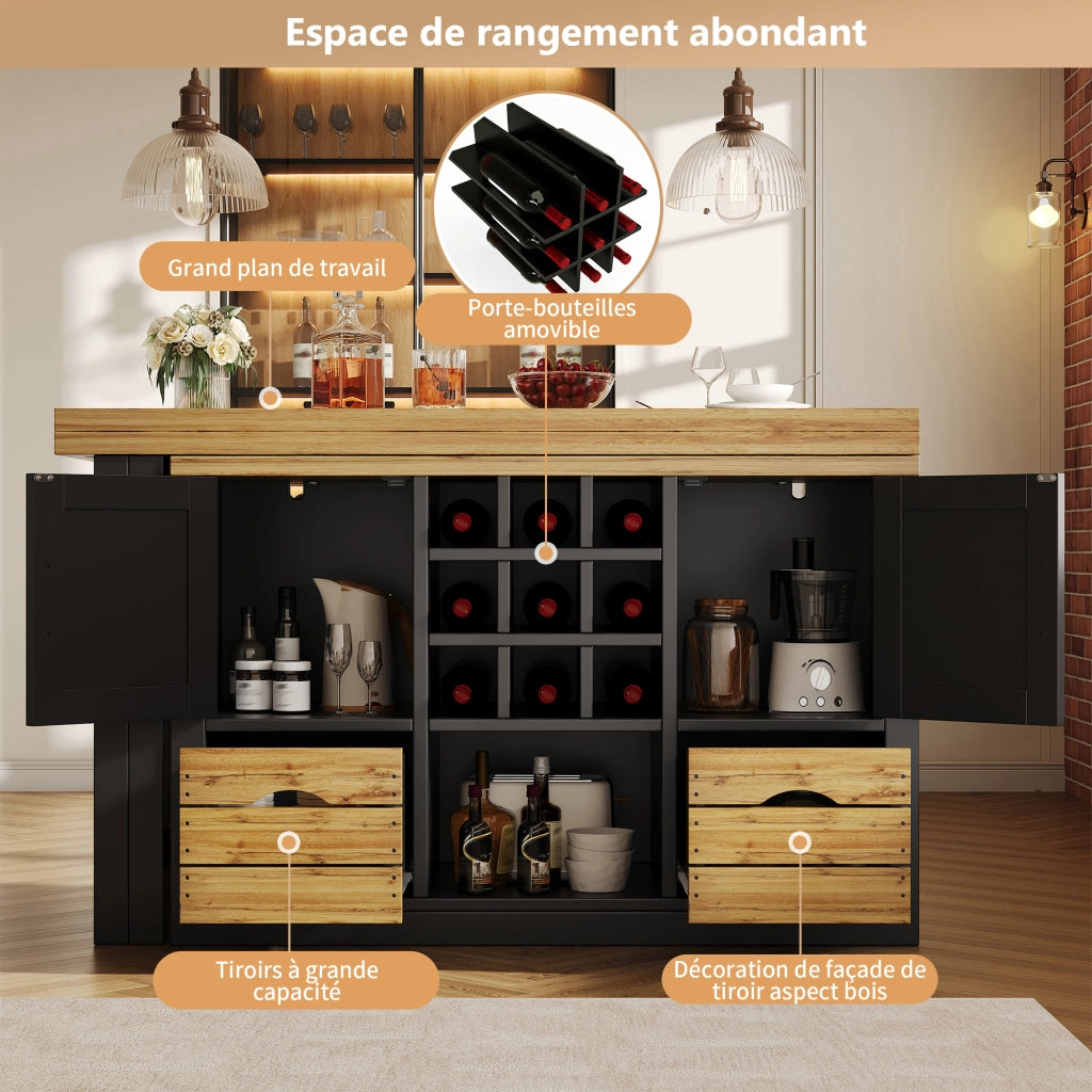 Tavolo estensibile con credenza; piano girevole a 360°; contenitore; per cucina e soggiorno; nero; 120 × 40 × 72 cm