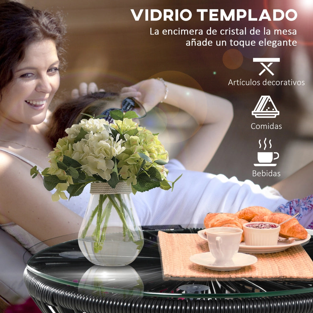 Tavolo da giardino in polyrattan con piano in vetro e struttura in metallo ¨C zephmum ¨C Nero ?40x42 cm