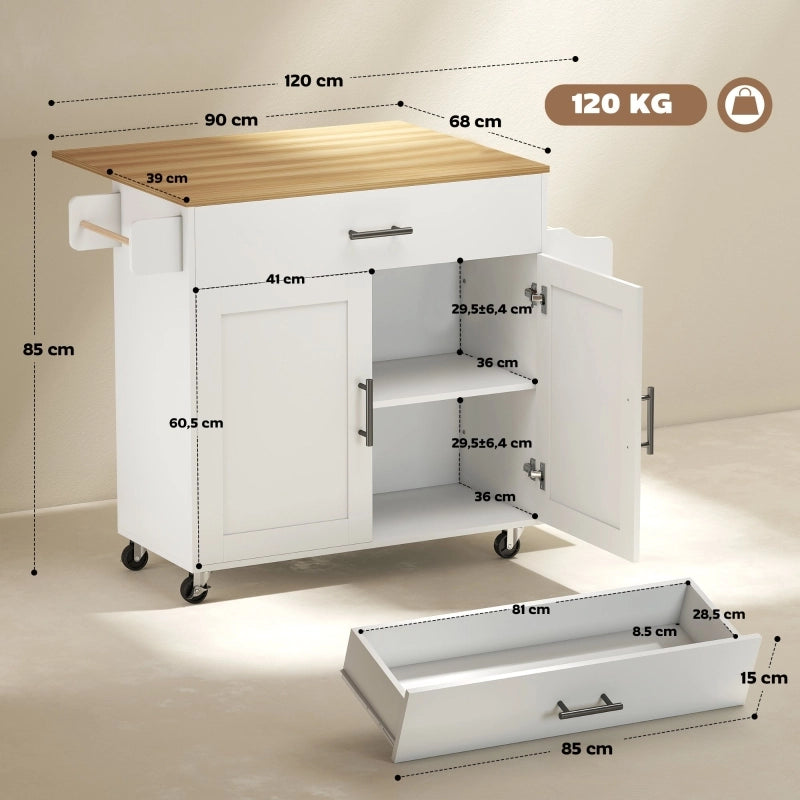 Carrello da Cucina con 1 Cassetto; 2 Ante; Ripiano Regolabile; Piano Ribaltabile e Portasciugamani 120 x 68 x 85 cm