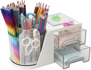 Organizzatore da ufficio girevole con 2 cassetto, supporto per penne girevole, organizzatore da ufficio con supporto per penne e spazio di archiviazione per penne, organizzatore per make-up per scuola e ufficio