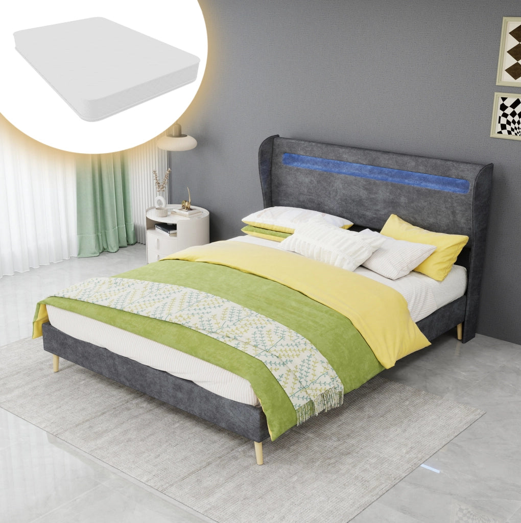 Letto imbottito LED 140x200 cm grigio in tessuto e metallo