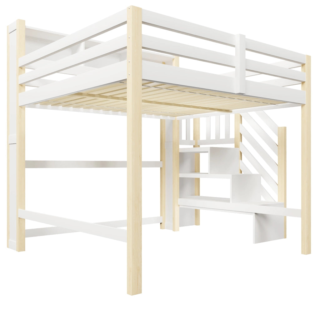 Letto a soppalco 140x200 cm con LED, scala contenitore e ampio spazio inferiore