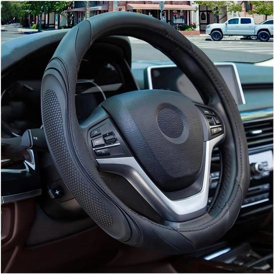 Sterzo in pelle da 15 pollici, accessori auto adesivi elastici respiranti cuscinetti antislittamento morbidi per uomo e donna, adatti per SUV, furgoni, veicoli e camper (nero)