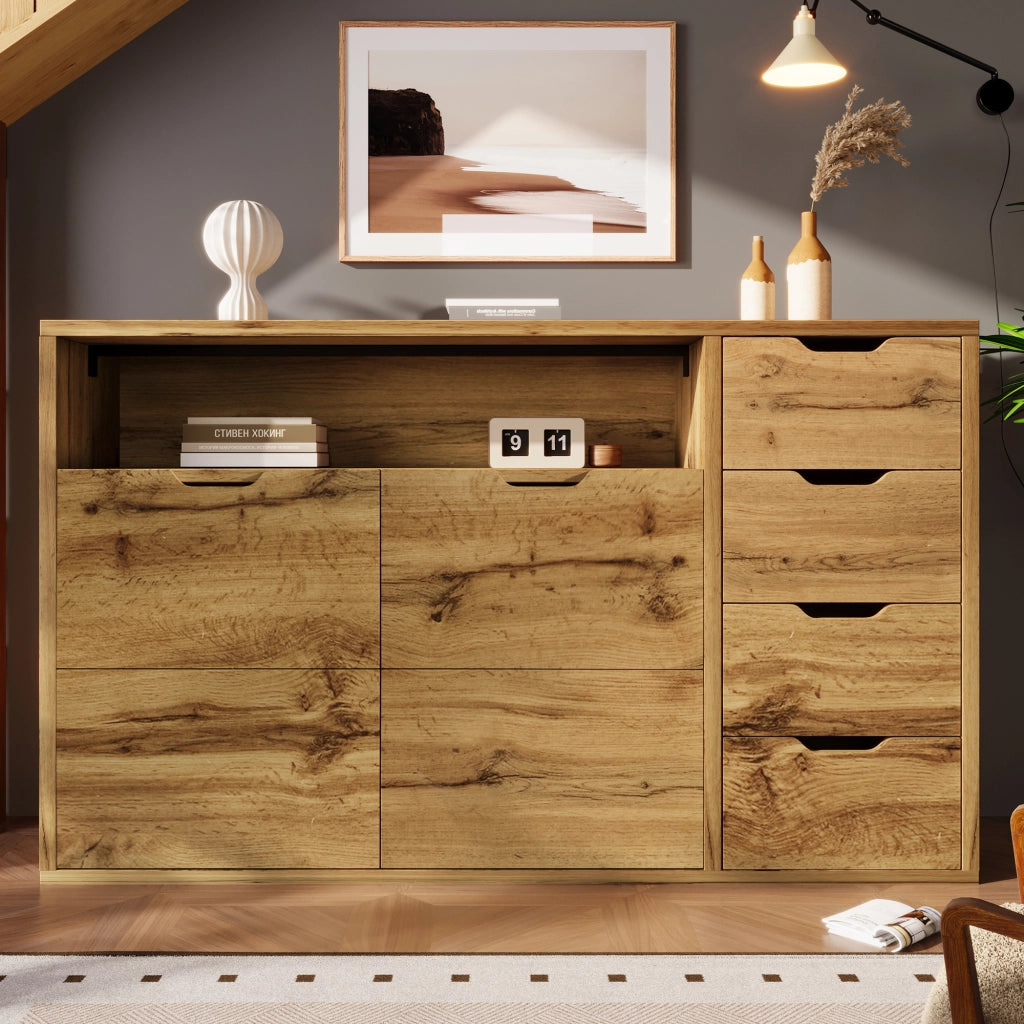 OKWISH Credenza con 2 Ante, 4 Cassetti e 1 Vano Aperto, Ripiani Regolabili, per Soggiorno 150 x 40 x 90 cm