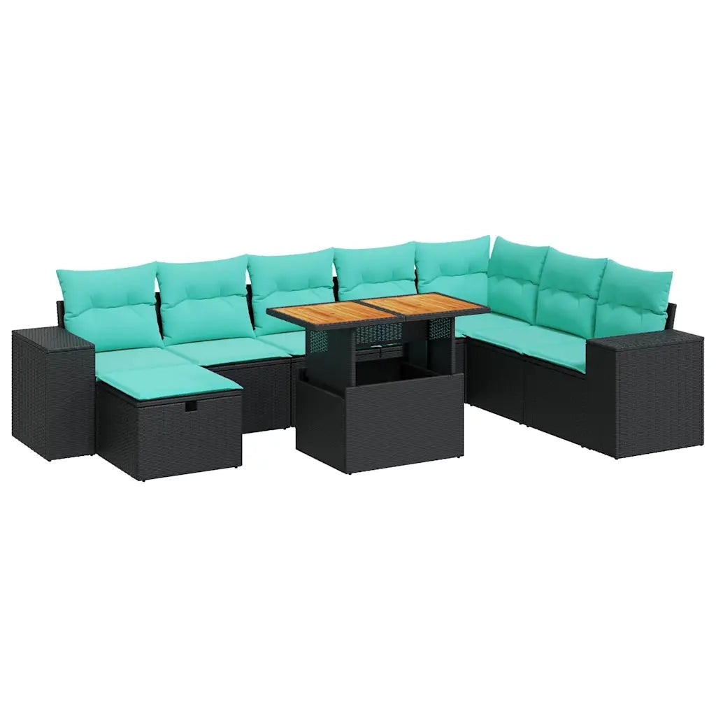Set Divani da Giardino 9 pz con Cuscini Nero Polyrattan Acacia