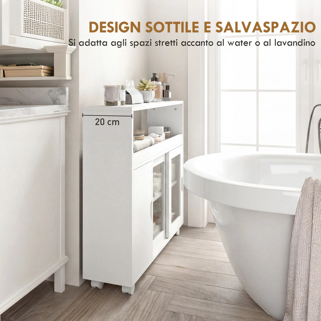 Mobile Bagno con Ante Vetro e Ruote ¨C Zephmum ¨C Bianco Legno 71x20x70 cm
