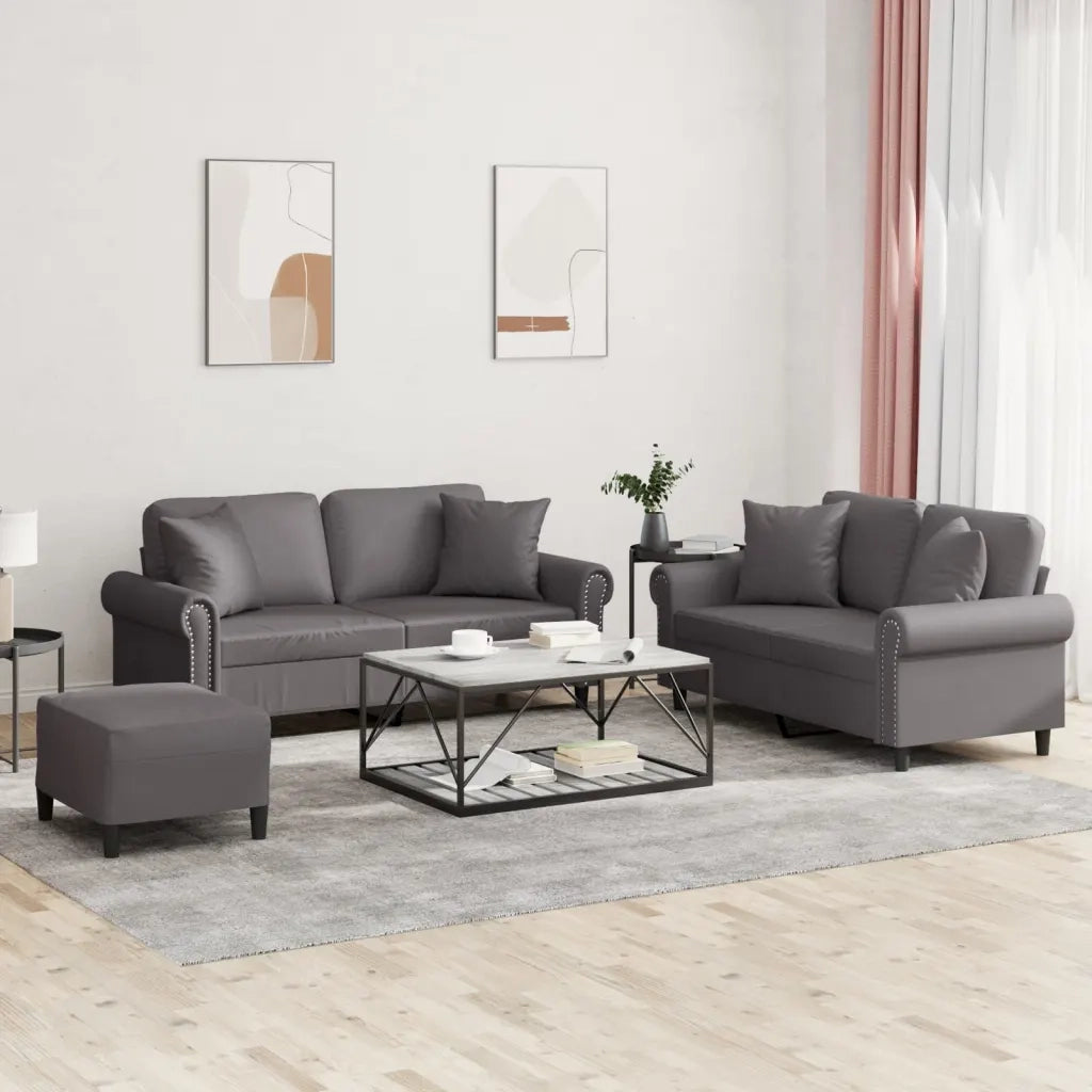 Set di Divani 3 pz con Cuscini Grigio in Similpelle