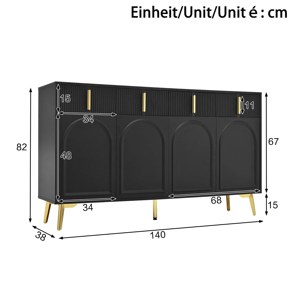OKWISH Credenza con 4 Ante e 4 Cassetti, Ripiani Regolabili, per Soggiorno e Sala da Pranzo, MDF, Nero, 140 x 38 x 82 cm