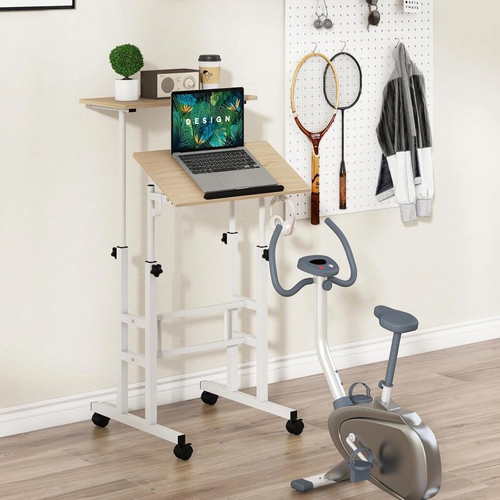 Scrivania per Computer Regolabile in Altezza, Postazione di Lavoro per Computer con Ruote e Ganci, Tavolo Porta PC per Studio e Ufficio, 60 x 60 x 72-124 cm (Naturale)