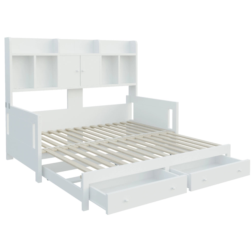 Divano letto estraibile 90x190 cm bianco in legno con cassetti e LED