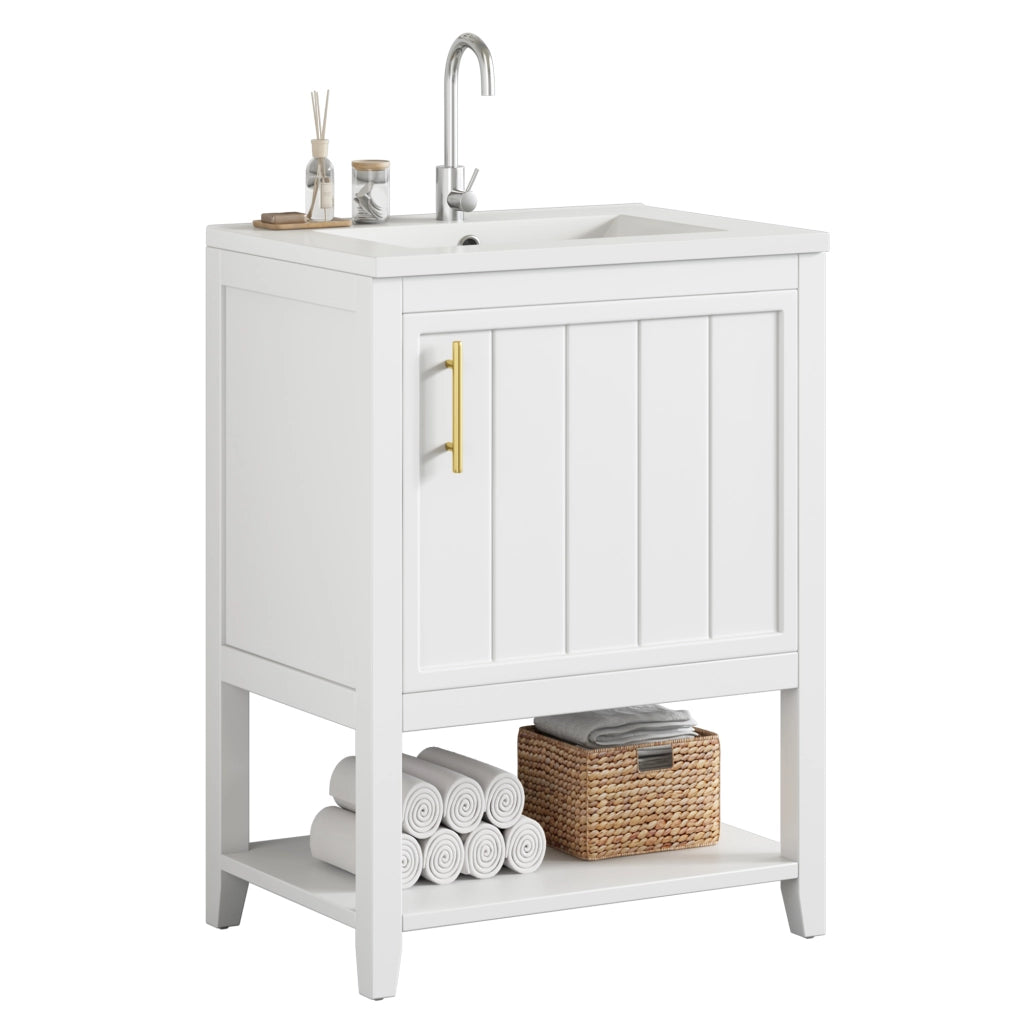 Mobile sottolavabo con lavabo in ceramica; da terra; per bagno; MDF bianco; 61 × 47 × 87 cm