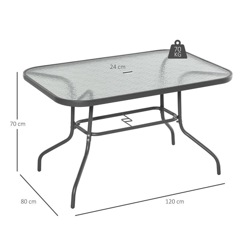 TAVOLO DA GIARDINO IN METALLO E VETRO CON FORO OMBRELLONE 120 X 80 X 70 CM