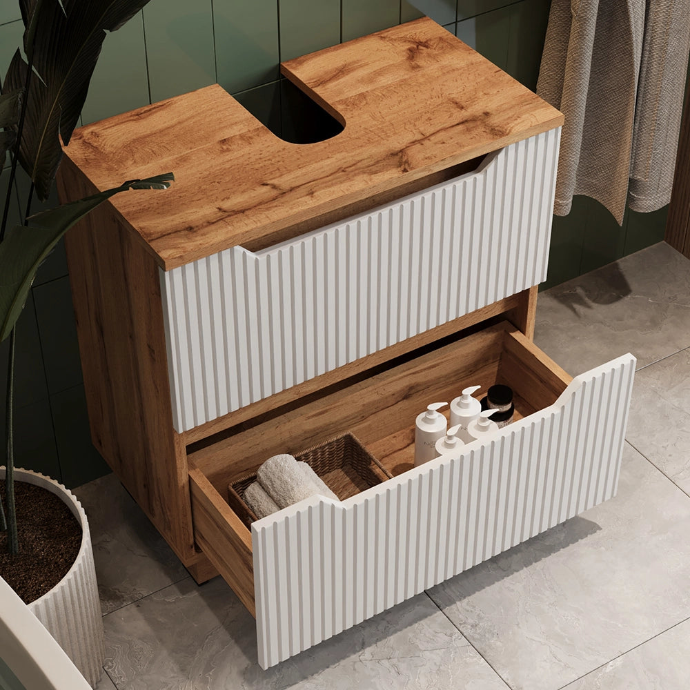 Vicco Mobile sottolavabo per bagno Rovere/bianco a strisce 59.8 x 62.5 cm con 2 cassetti