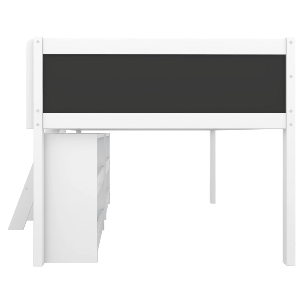 Letto a soppalco 90×200 cm con ripiani; sponda di sicurezza; scala e lavagna; senza materasso; bianco