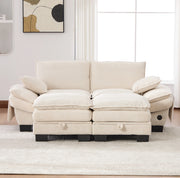 Divano modulare 2 posti in velluto a coste beige con 2 pouf